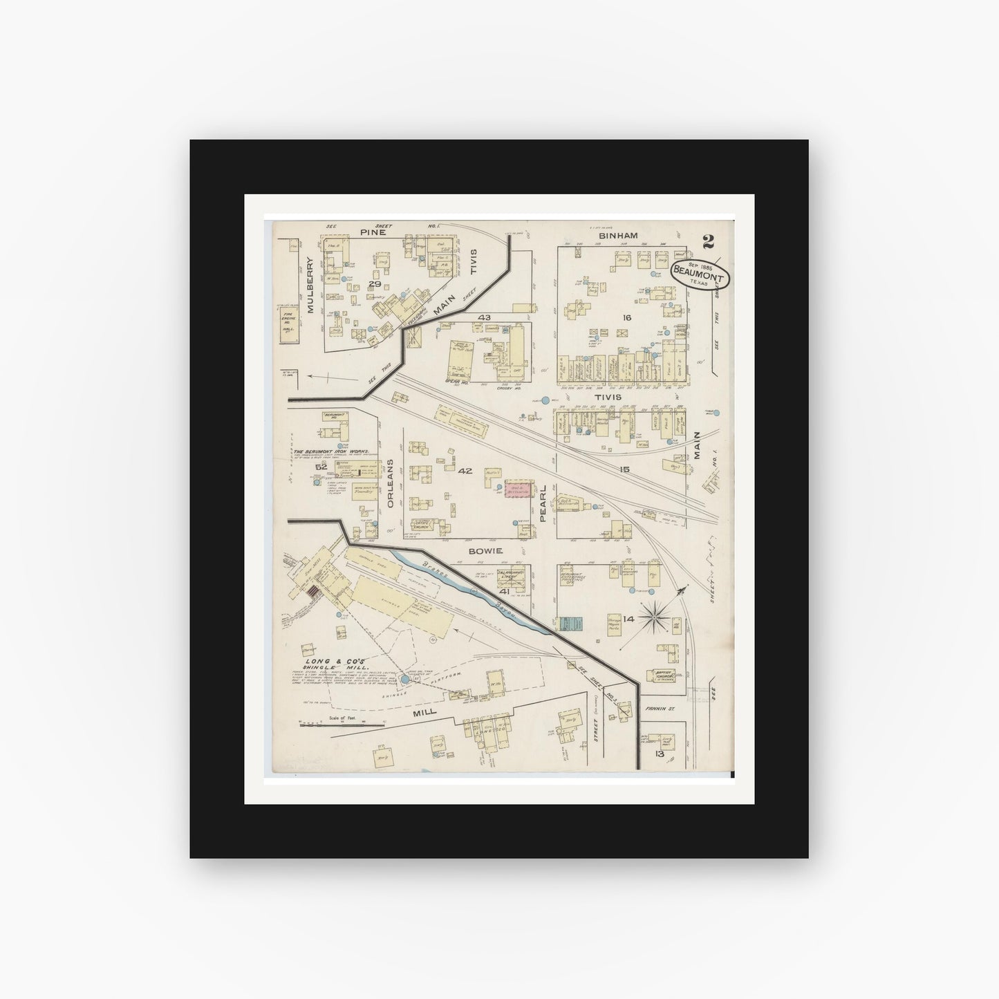 Old map wall art mockup — black gallery frame with white mat — Sanborn Fire Insurance Map from Beaumont, Jefferson County, Texas (1885), Sheet #0002