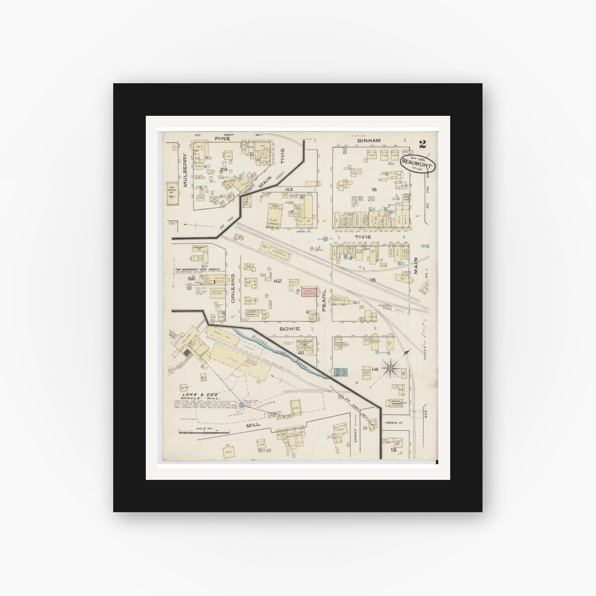 Old map wall art mockup — black gallery frame with white mat — Sanborn Fire Insurance Map from Beaumont, Jefferson County, Texas (1885), Sheet #0002