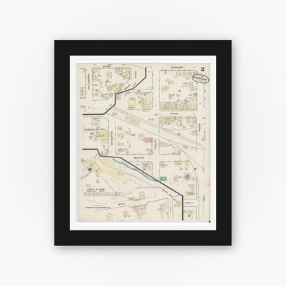 Old map wall art mockup — black gallery frame with white mat — Sanborn Fire Insurance Map from Beaumont, Jefferson County, Texas (1885), Sheet #0002