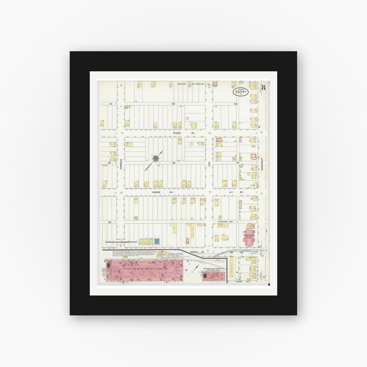 Old map wall art mockup — black gallery frame with white mat — Sanborn Fire Insurance Map from Derry, Westmoreland County, Pennsylvania (1911), Sheet #0008