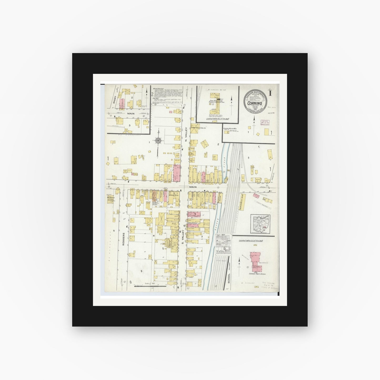 Old map wall art mockup — black gallery frame with white mat — Sanborn Fire Insurance Map from Corning, Perry County, Ohio (1916), Sheet #0001