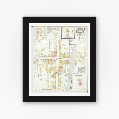 Old map wall art mockup — black gallery frame with white mat — Sanborn Fire Insurance Map from Corning, Perry County, Ohio (1916), Sheet #0001
