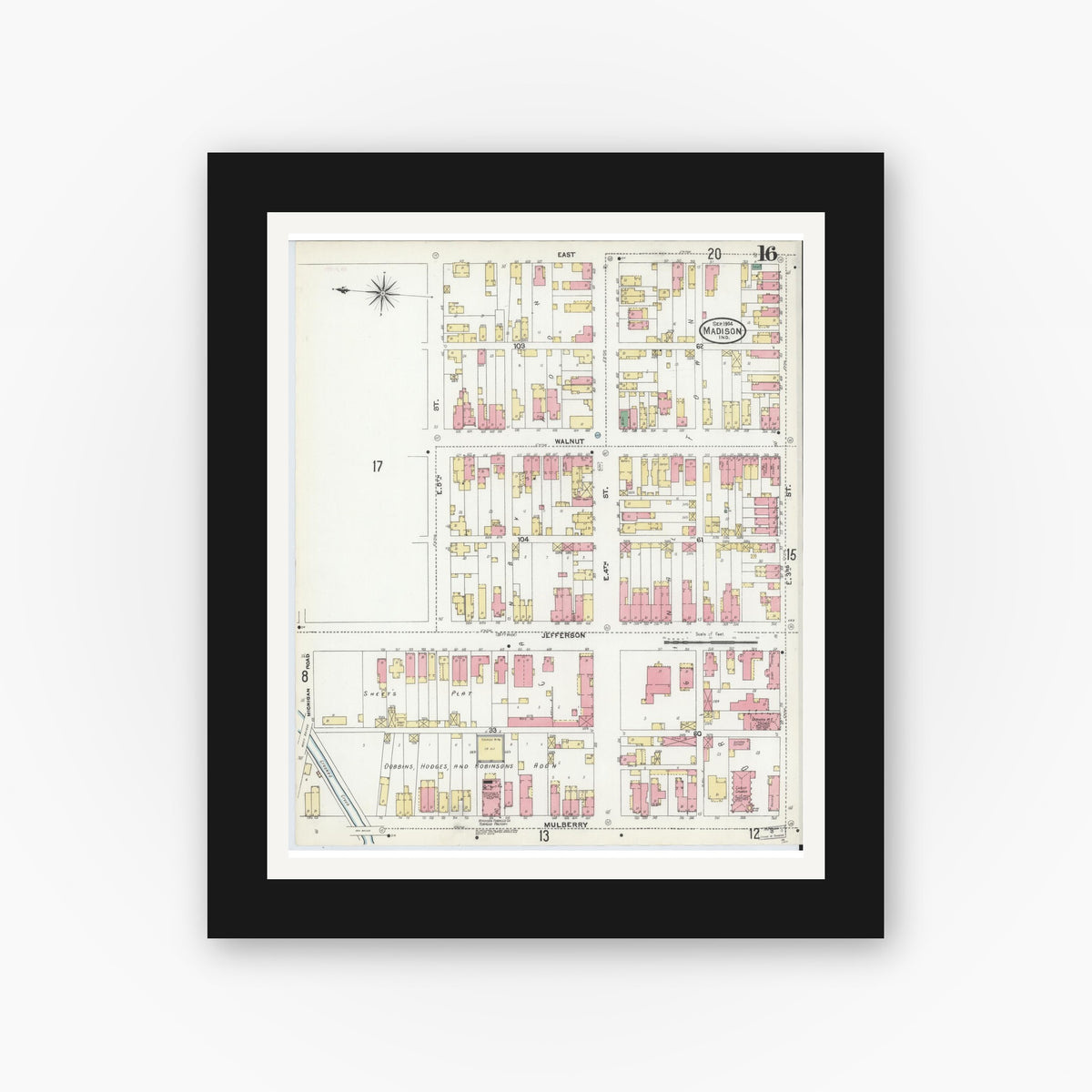 Old map wall art mockup — black gallery frame with white mat — Sanborn Fire Insurance Map from Madison, Jefferson County, Indiana (1904), Sheet #0016
