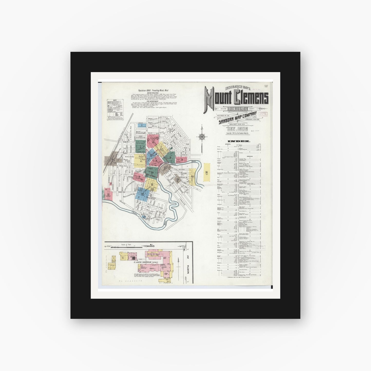 Old map wall art mockup — black gallery frame with white mat — Sanborn Fire Insurance Map from Mount Clemens, Macomb County, Michigan (1909), Sheet #0001