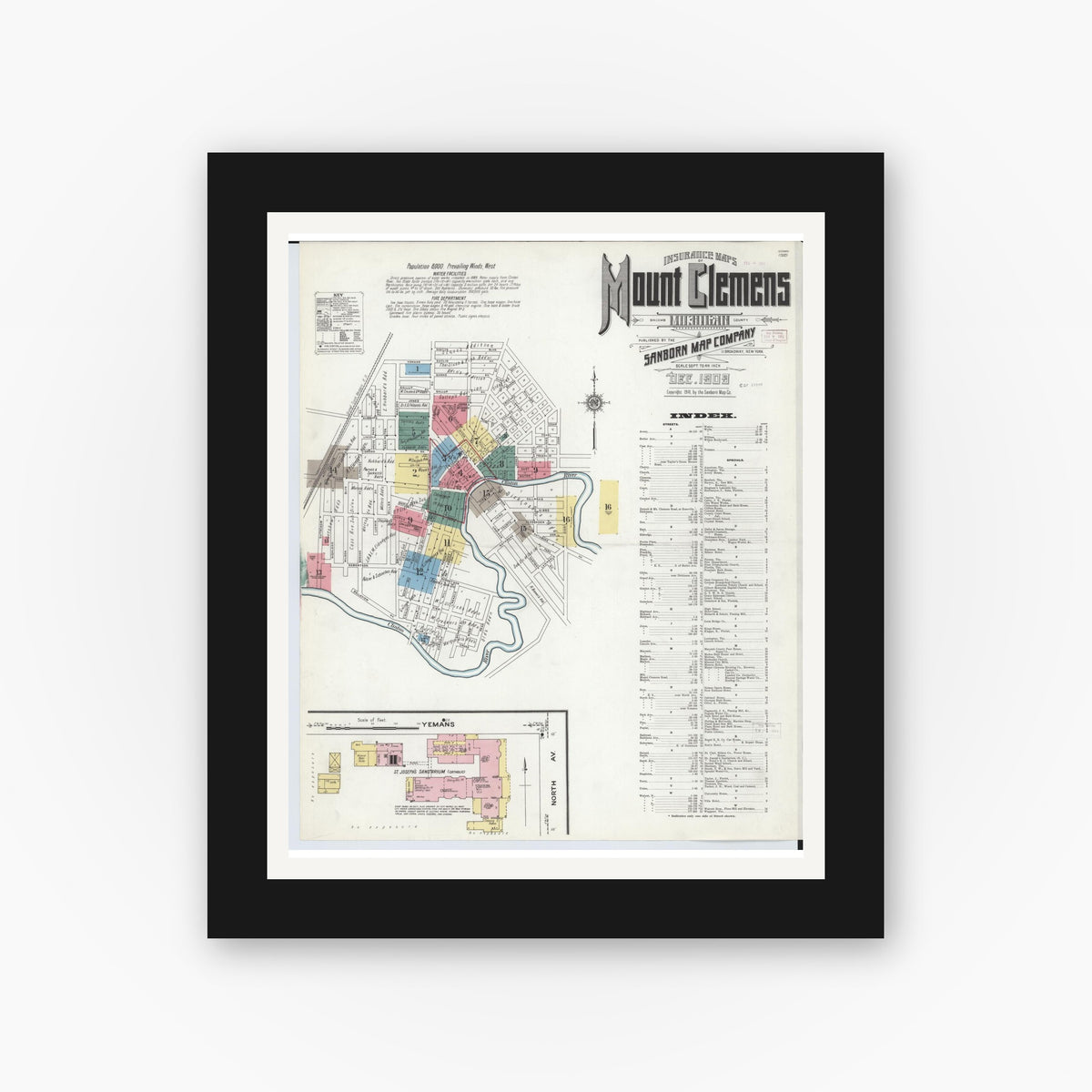 Old map wall art mockup — black gallery frame with white mat — Sanborn Fire Insurance Map from Mount Clemens, Macomb County, Michigan (1909), Sheet #0001