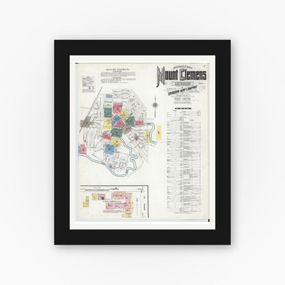 Old map wall art mockup — black gallery frame with white mat — Sanborn Fire Insurance Map from Mount Clemens, Macomb County, Michigan (1909), Sheet #0001