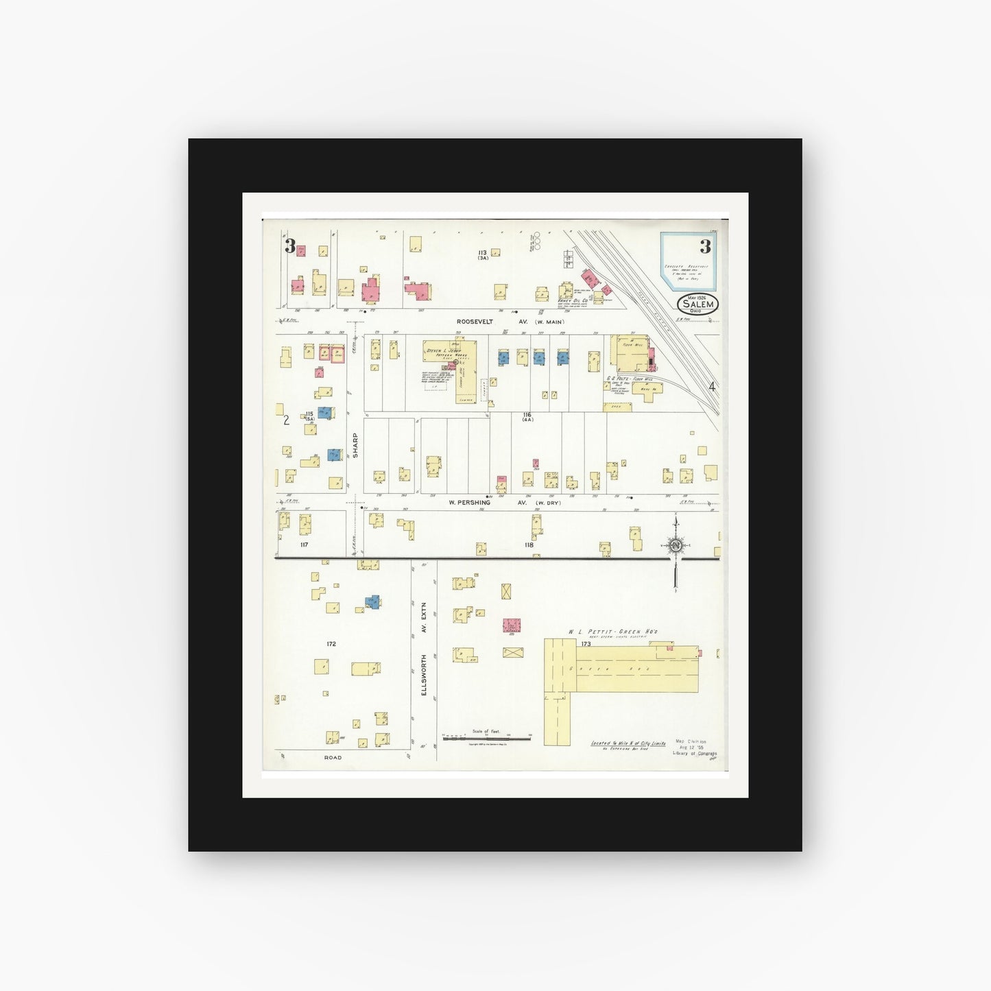 Old map wall art mockup — black gallery frame with white mat — Sanborn Fire Insurance Map from Salem, Columbiana County, Ohio (1926), Sheet #0003
