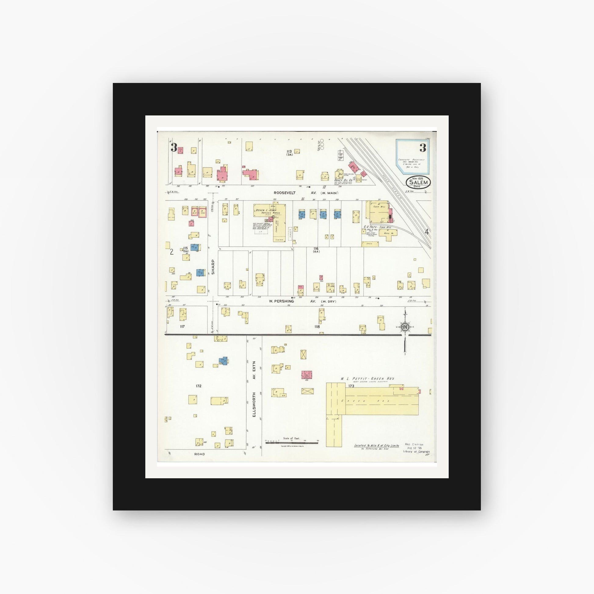 Old map wall art mockup — black gallery frame with white mat — Sanborn Fire Insurance Map from Salem, Columbiana County, Ohio (1926), Sheet #0003