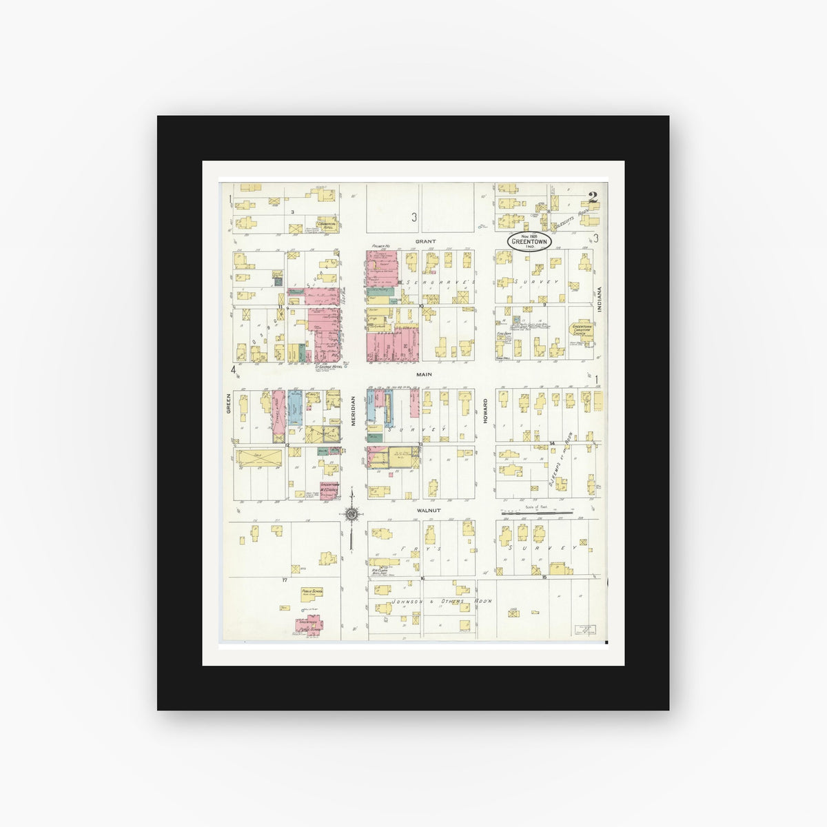 Old map wall art mockup — black gallery frame with white mat — Sanborn Fire Insurance Map from Greentown, Howard County, Indiana (1909), Sheet #0002