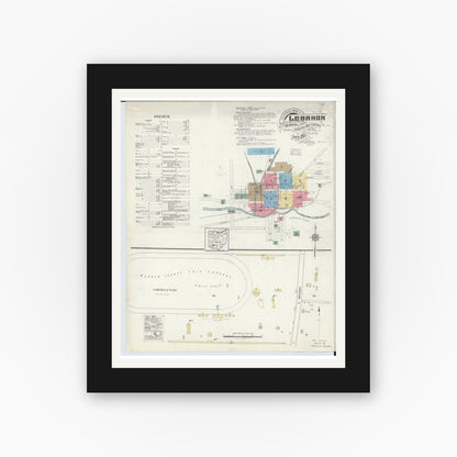 Old map wall art mockup — black gallery frame with white mat — Sanborn Fire Insurance Map from Lebanon, Warren County, Ohio (1917), Sheet #0001