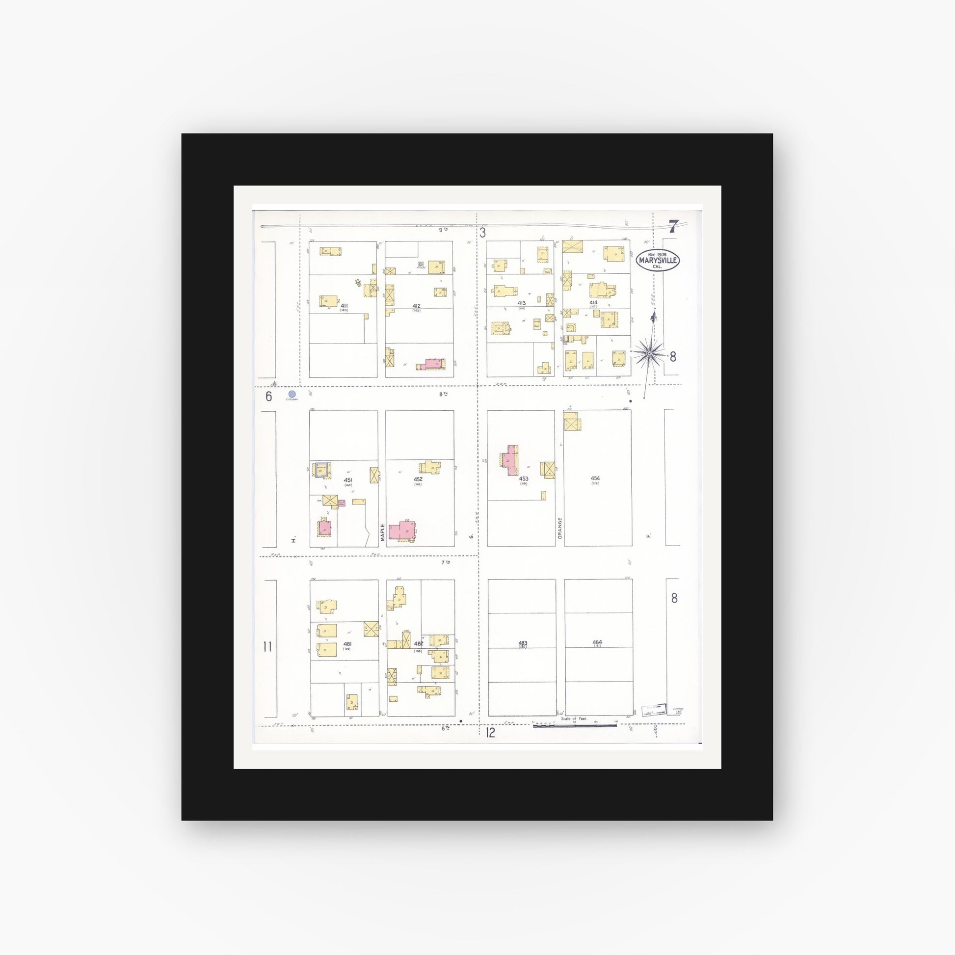 Old map wall art mockup — black gallery frame with white mat — Sanborn Fire Insurance Map from Marysville, Yuba County, California (1909), Sheet #0007