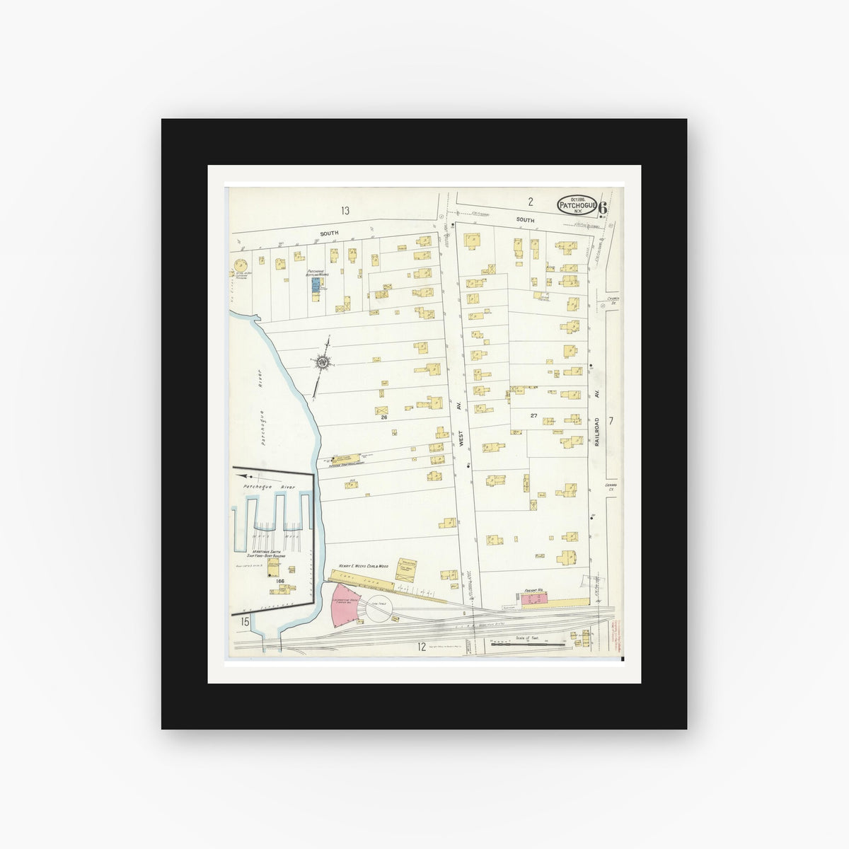 Old map wall art mockup — black gallery frame with white mat — Sanborn Fire Insurance Map from Patchogue, Suffolk County, New York (1916), Sheet #0006