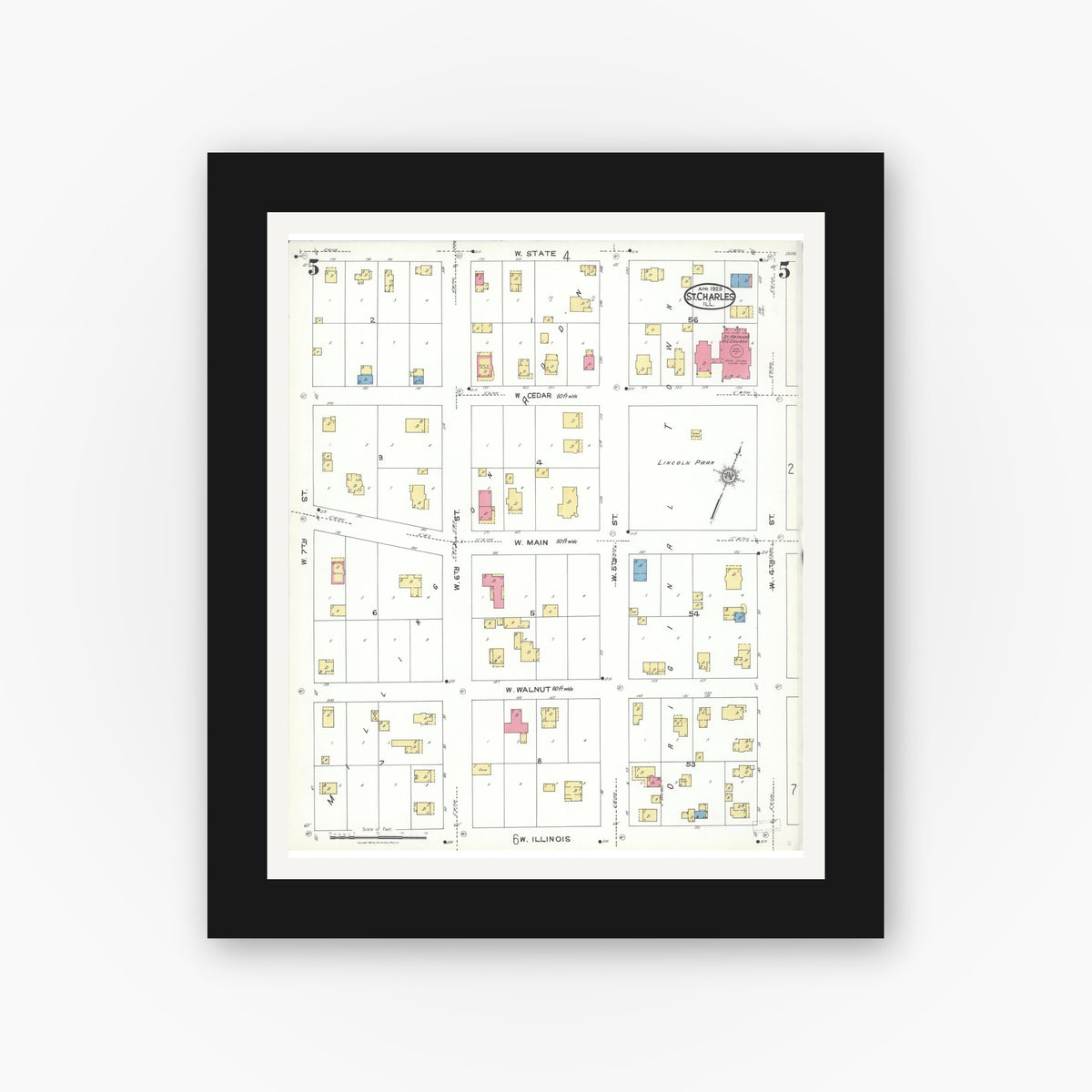 Old map wall art mockup — black gallery frame with white mat — Sanborn Fire Insurance Map from Saint Charles, Kane County, Illinois (1923), Sheet #0005