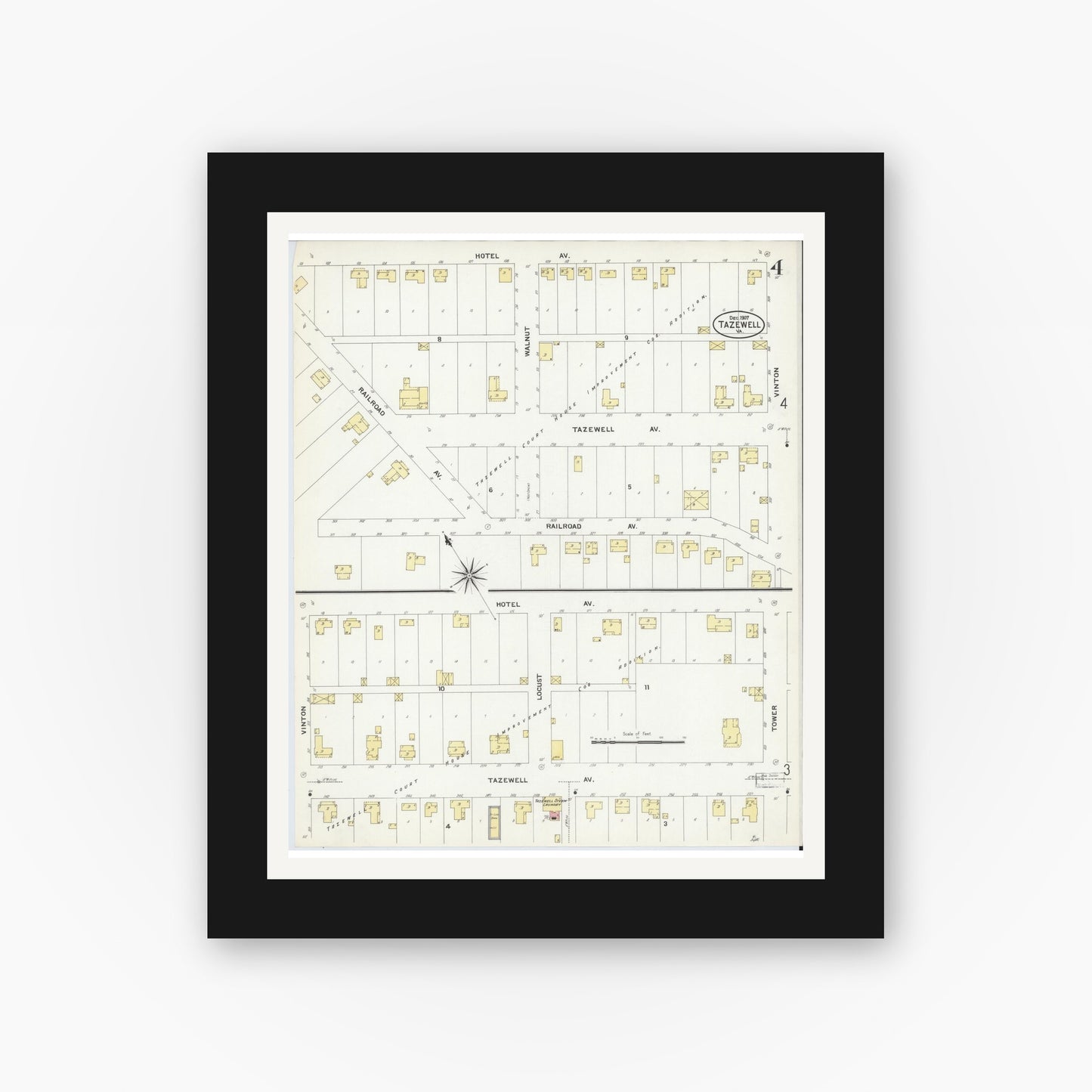 Old map wall art mockup — black gallery frame with white mat — Sanborn Fire Insurance Map from Tazewell, Tazewell County, Virginia (1907), Sheet #0004