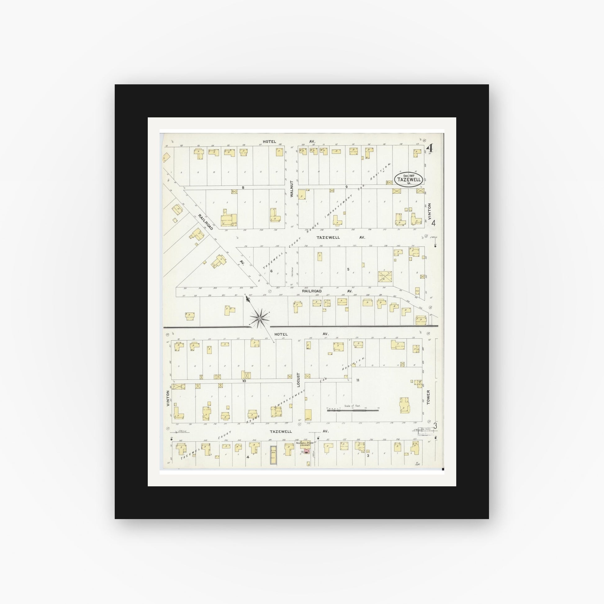 Old map wall art mockup — black gallery frame with white mat — Sanborn Fire Insurance Map from Tazewell, Tazewell County, Virginia (1907), Sheet #0004