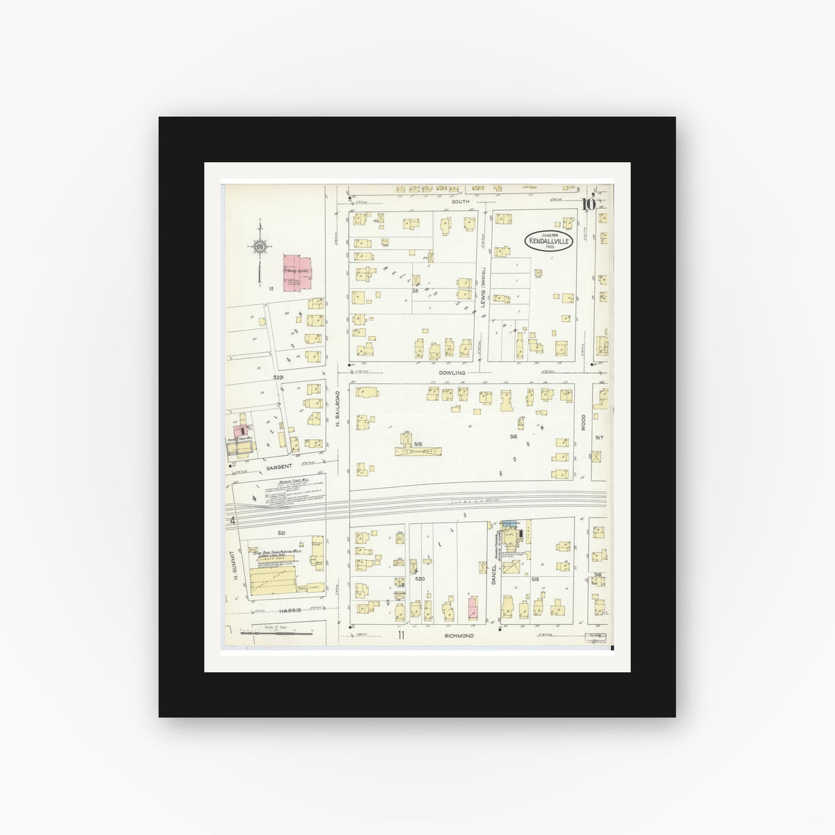 Old map wall art mockup — black gallery frame with white mat — Sanborn Fire Insurance Map from Kendallville, Noble County, Indiana (1914), Sheet #0010
