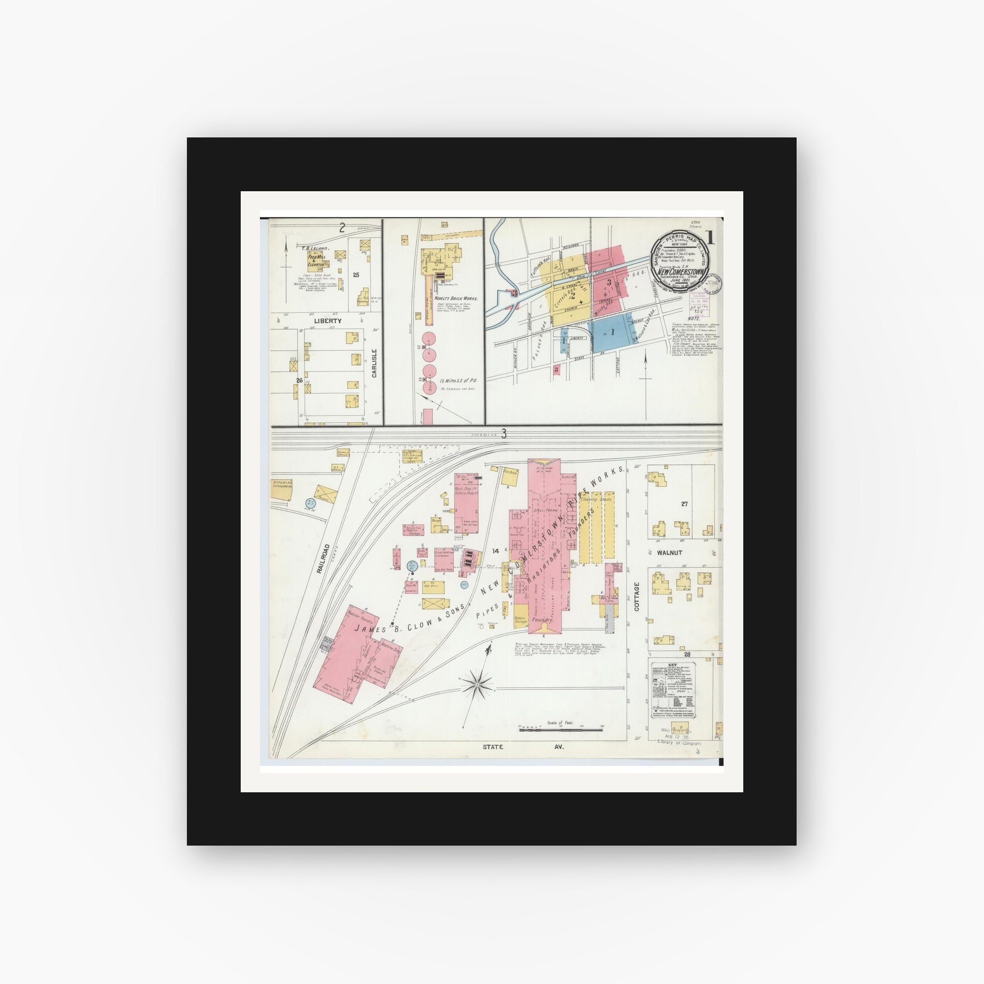 Old map wall art mockup — black gallery frame with white mat — Sanborn Fire Insurance Map from Newcomerstown, Tuscarawas County, Ohio (1901) - Complete Map Set