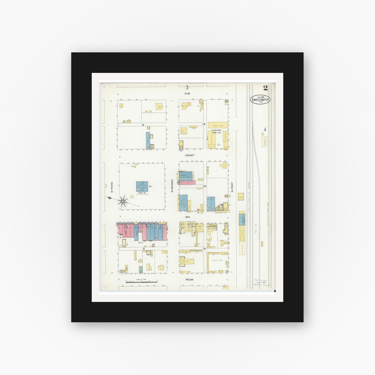 Old map wall art mockup — black gallery frame with white mat — Sanborn Fire Insurance Map from Sweetwater, Nolan County, Texas (1908), Sheet #0002