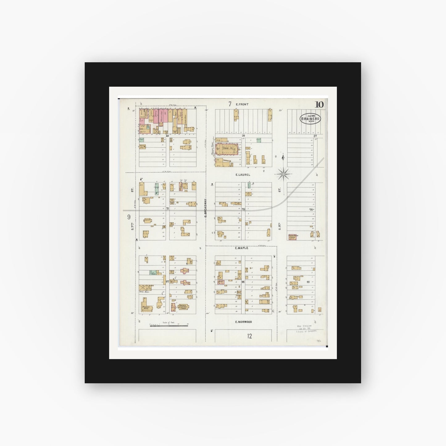 Old map wall art mockup — black gallery frame with white mat — Sanborn Fire Insurance Map from Brainerd, Crow Wing County, Minnesota (1898), Sheet #0010