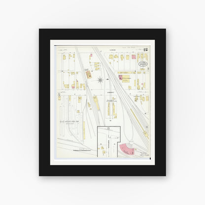 Old map wall art mockup — black gallery frame with white mat — Sanborn Fire Insurance Map from Galion, Crawford County, Ohio (1907), Sheet #0012