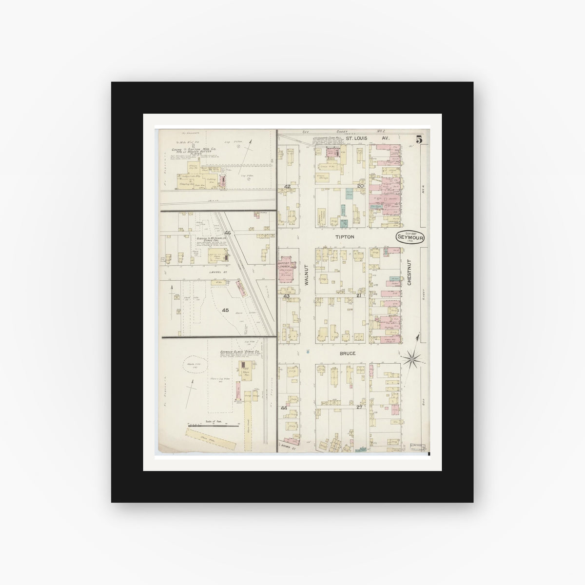 Old map wall art mockup — black gallery frame with white mat — Sanborn Fire Insurance Map from Seymour, Jackson County, Indiana (1887), Sheet #0005