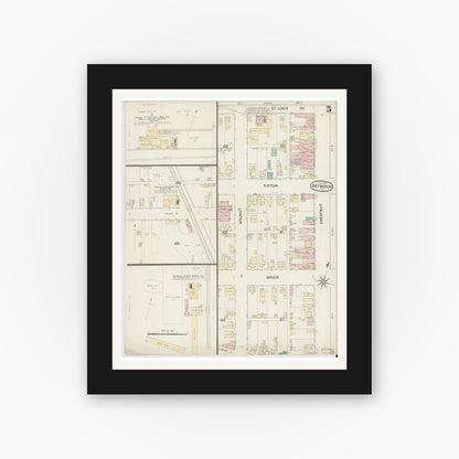 Old map wall art mockup — black gallery frame with white mat — Sanborn Fire Insurance Map from Seymour, Jackson County, Indiana (1887), Sheet #0005
