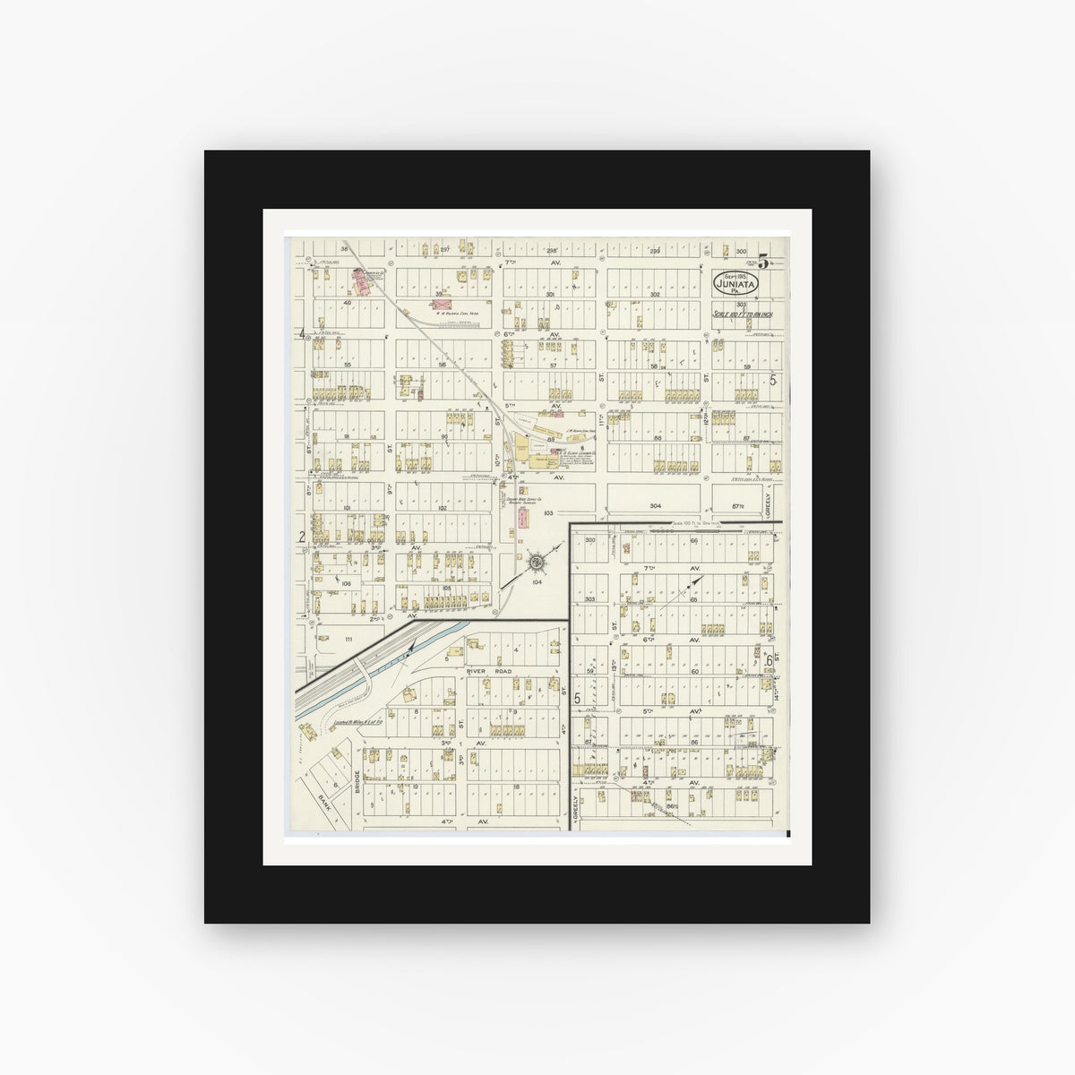 Old map wall art mockup — black gallery frame with white mat — Sanborn Fire Insurance Map from Juniata, Blair County, Pennsylvania (1915), Sheet #0005