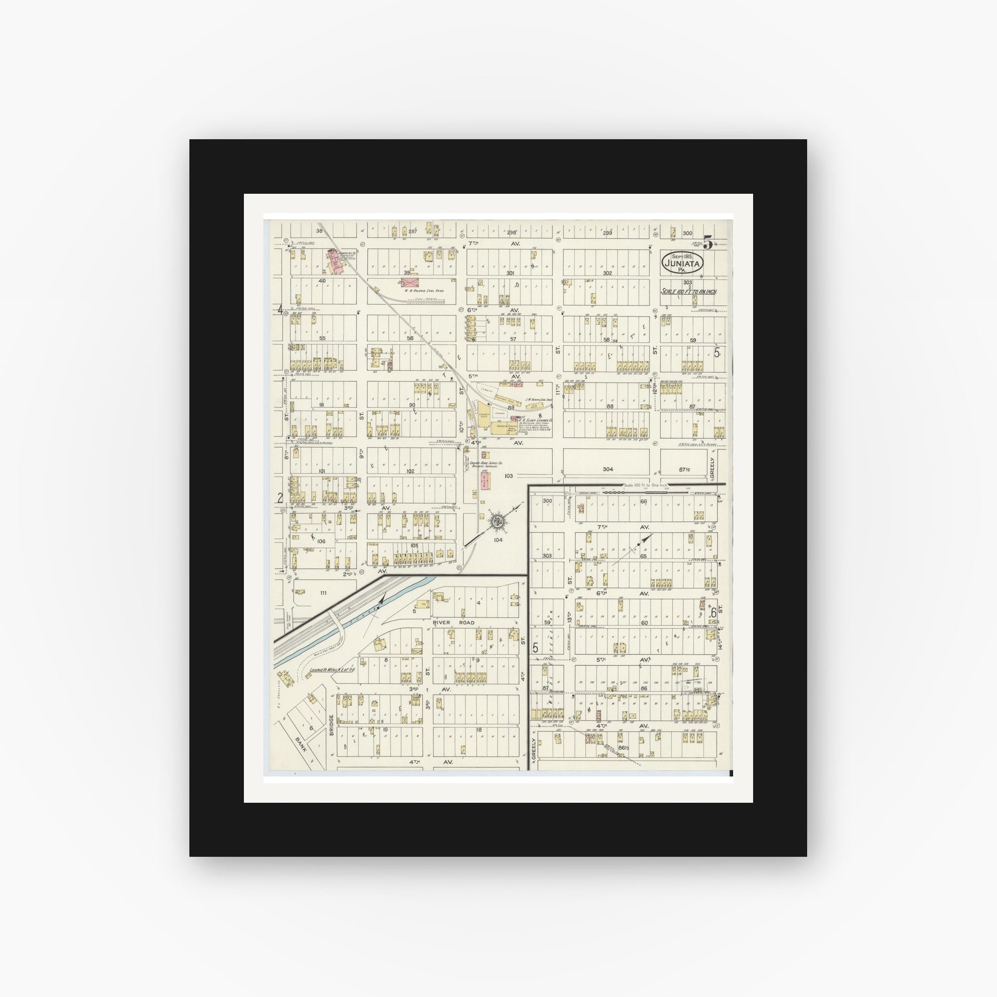 Old map wall art mockup — black gallery frame with white mat — Sanborn Fire Insurance Map from Juniata, Blair County, Pennsylvania (1915), Sheet #0005