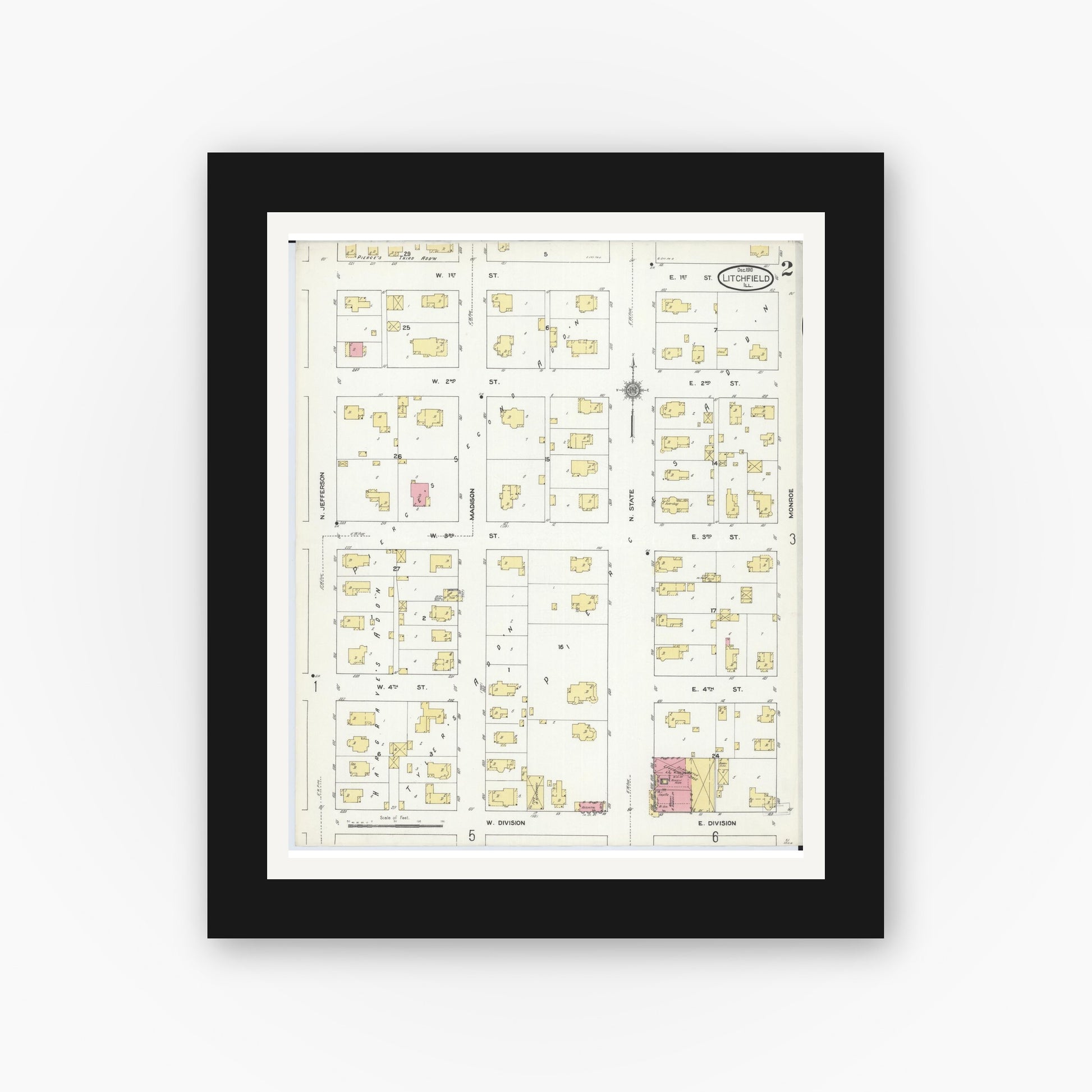 Old map wall art mockup — black gallery frame with white mat — Sanborn Fire Insurance Map from Litchfield, Montgomery County, Illinois (1910), Sheet #0002