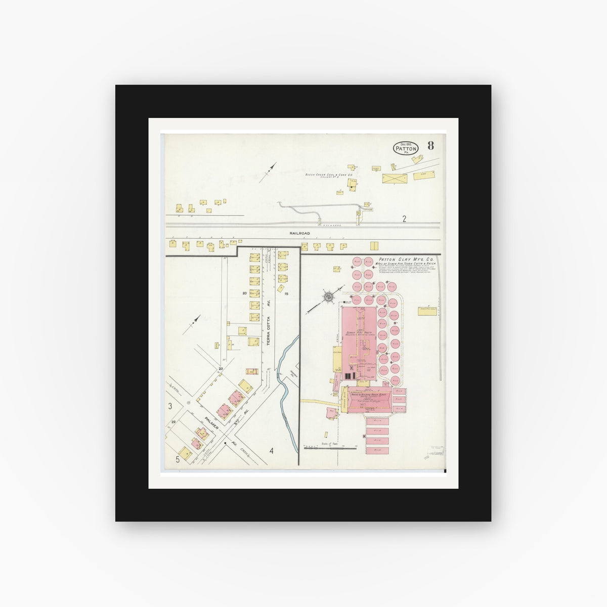 Old map wall art mockup — black gallery frame with white mat — Sanborn Fire Insurance Map from Patton, Cambria County, Pennsylvania (1910), Sheet #0008