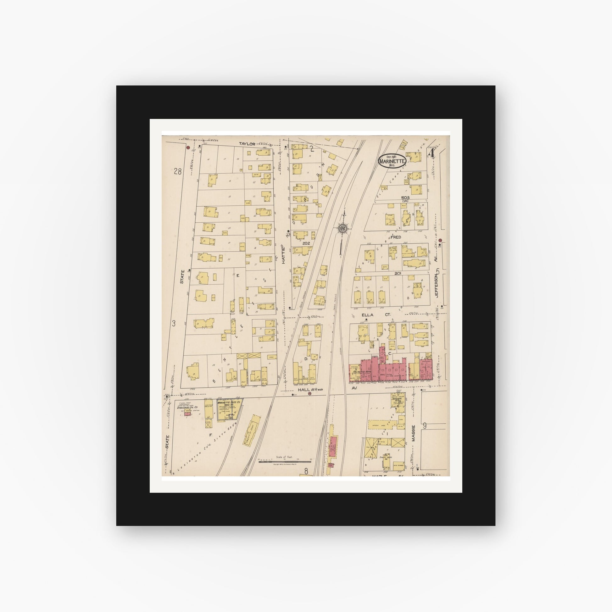 Old map wall art mockup — black gallery frame with white mat — Sanborn Fire Insurance Map from Marinette, Marinette County, Wisconsin (1921), Sheet #0004