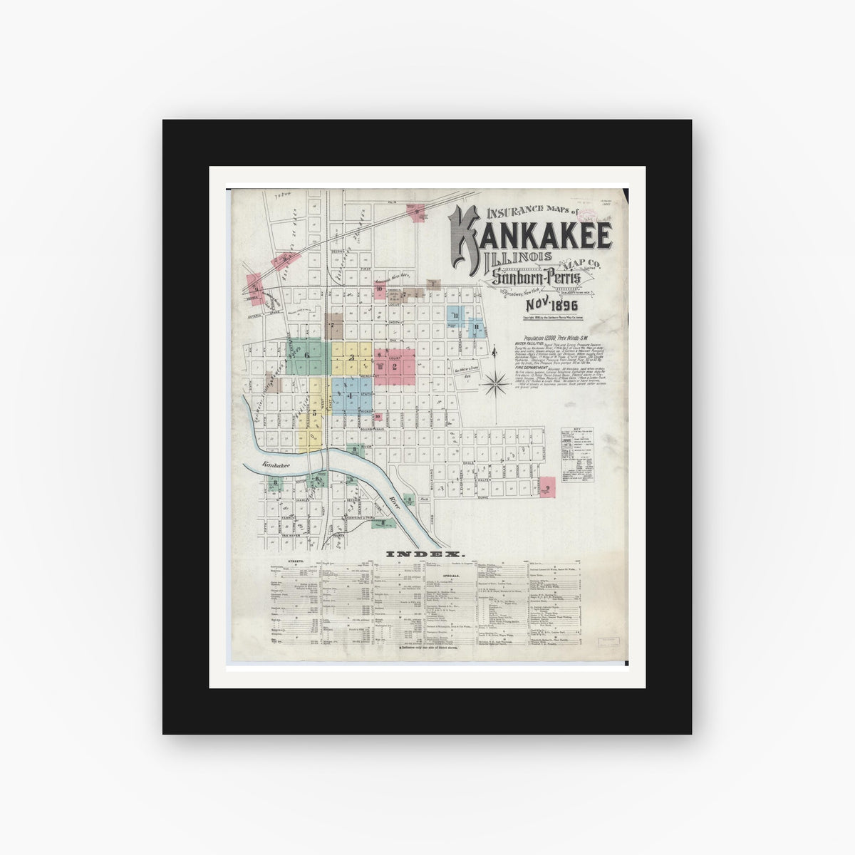 Old map wall art mockup — black gallery frame with white mat — Sanborn Fire Insurance Map from Kankakee, Kankakee County, Illinois (1896) - Complete Map Set
