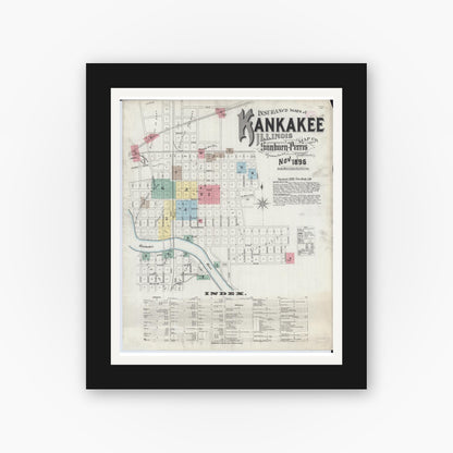Old map wall art mockup — black gallery frame with white mat — Sanborn Fire Insurance Map from Kankakee, Kankakee County, Illinois (1896) - Complete Map Set