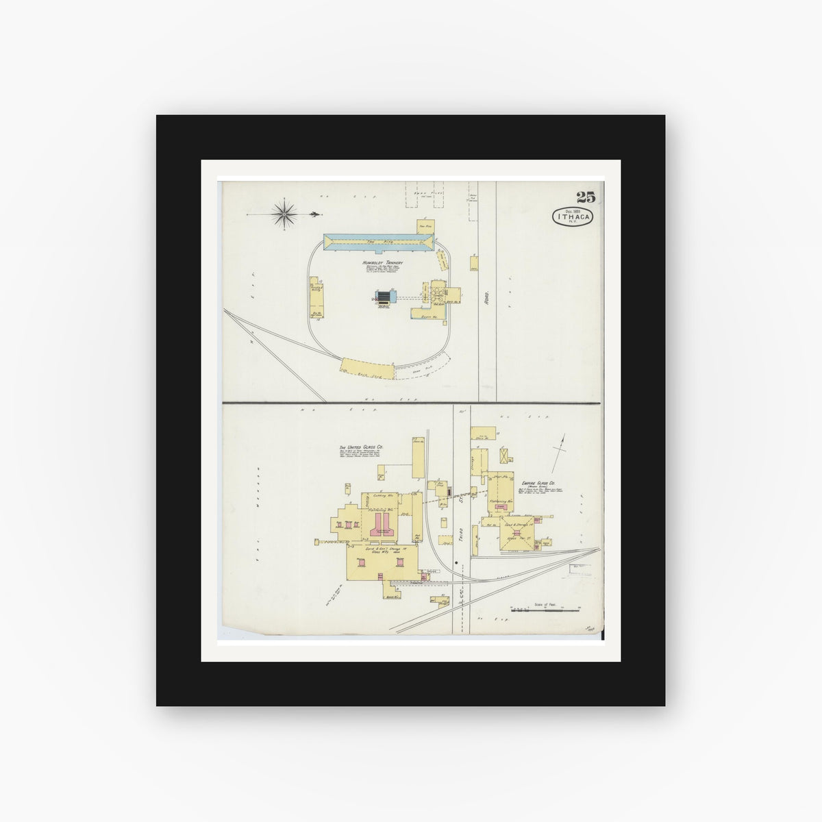 Old map wall art mockup — black gallery frame with white mat — Sanborn Fire Insurance Map from Ithaca, Tompkins County, New York (1893), Sheet #0025