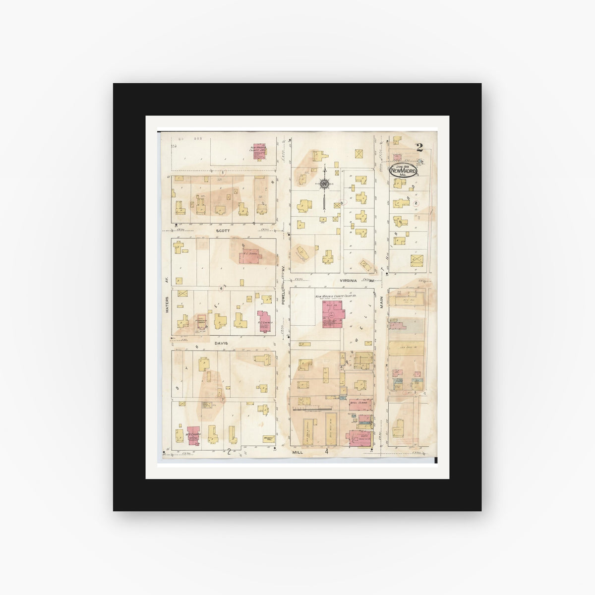 Old map wall art mockup — black gallery frame with white mat — Sanborn Fire Insurance Map from New Madrid, New Madrid County, Missouri (1943), Sheet #0002