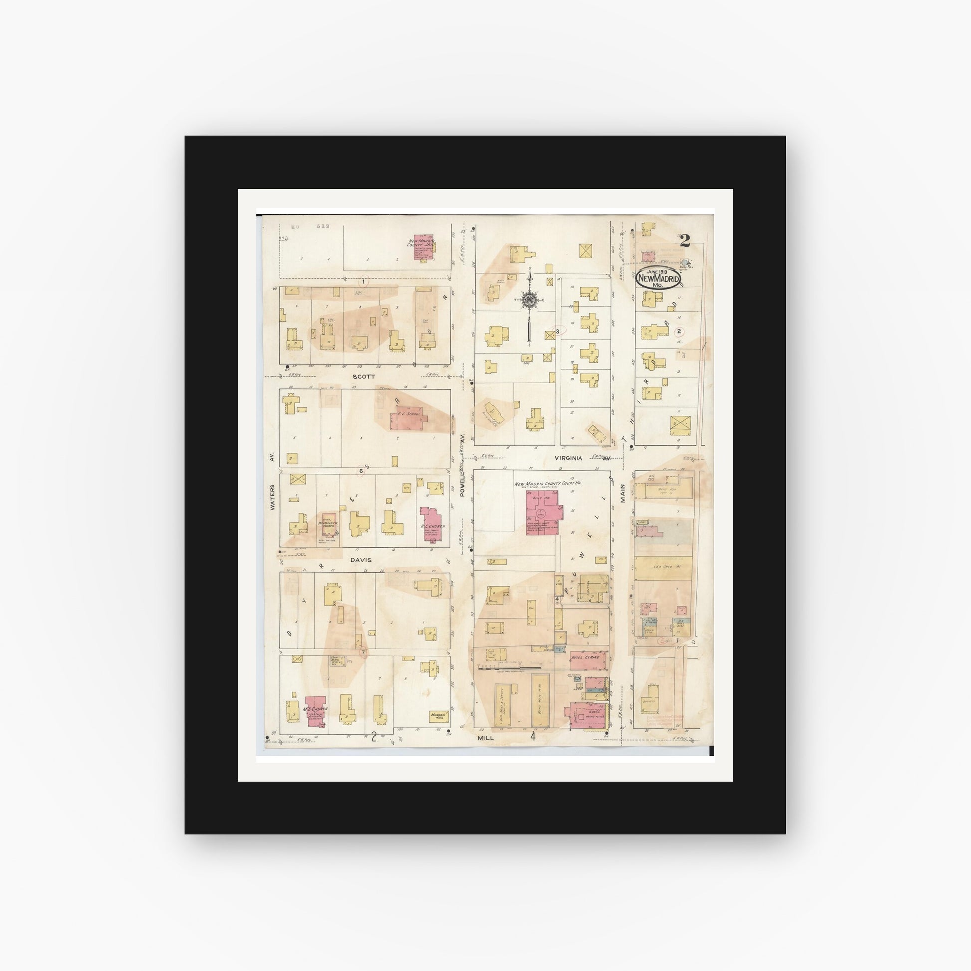 Old map wall art mockup — black gallery frame with white mat — Sanborn Fire Insurance Map from New Madrid, New Madrid County, Missouri (1943), Sheet #0002