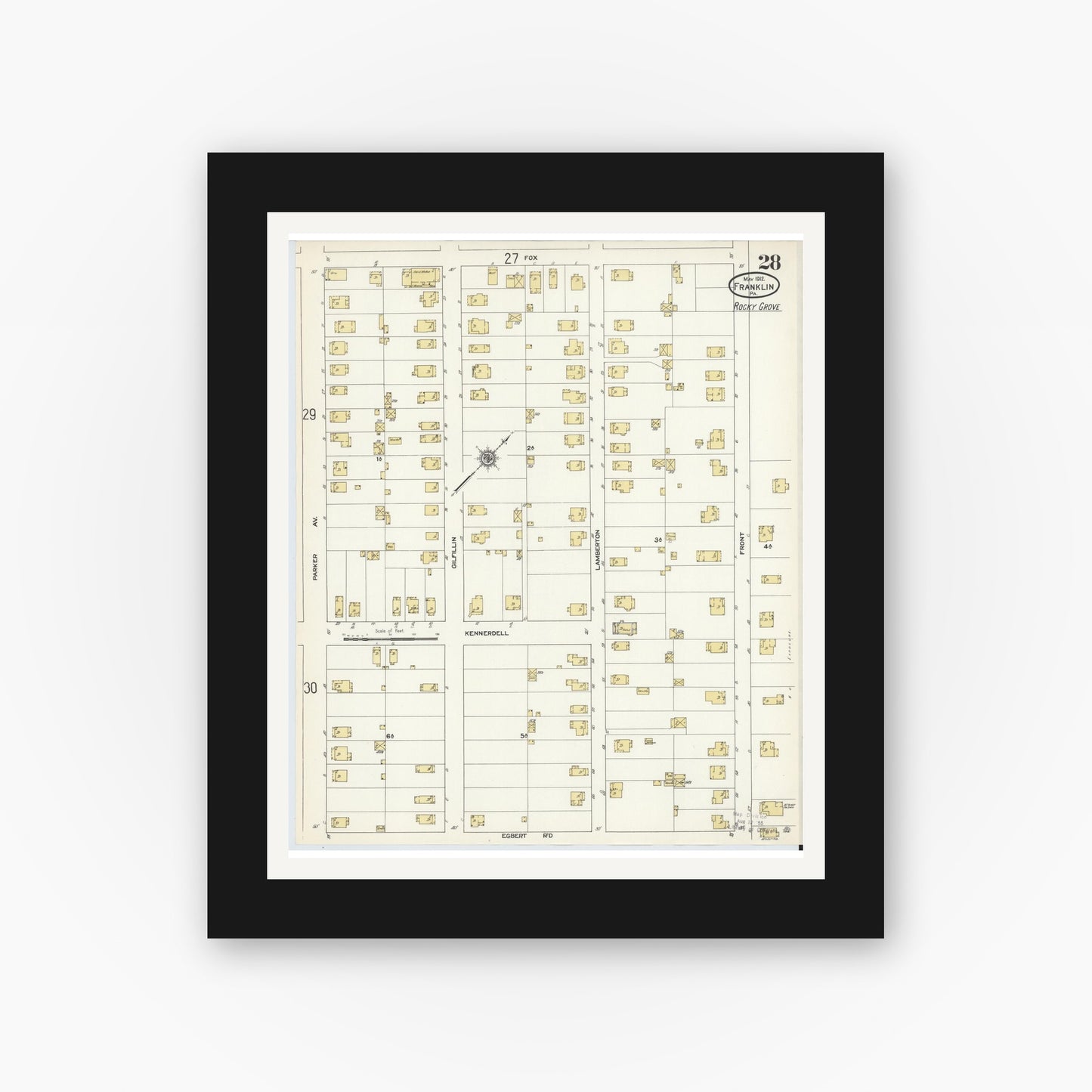 Old map wall art mockup — black gallery frame with white mat — Sanborn Fire Insurance Map from Franklin, Venango County, Pennsylvania (1912), Sheet #0028