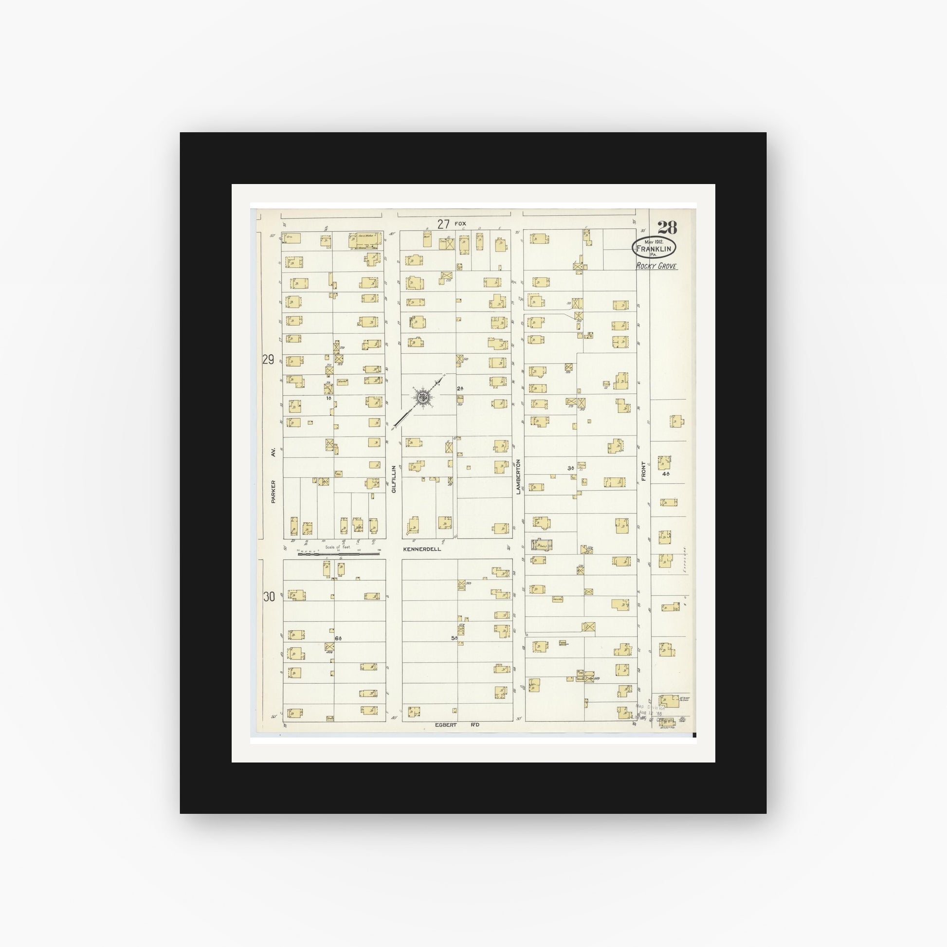 Old map wall art mockup — black gallery frame with white mat — Sanborn Fire Insurance Map from Franklin, Venango County, Pennsylvania (1912), Sheet #0028