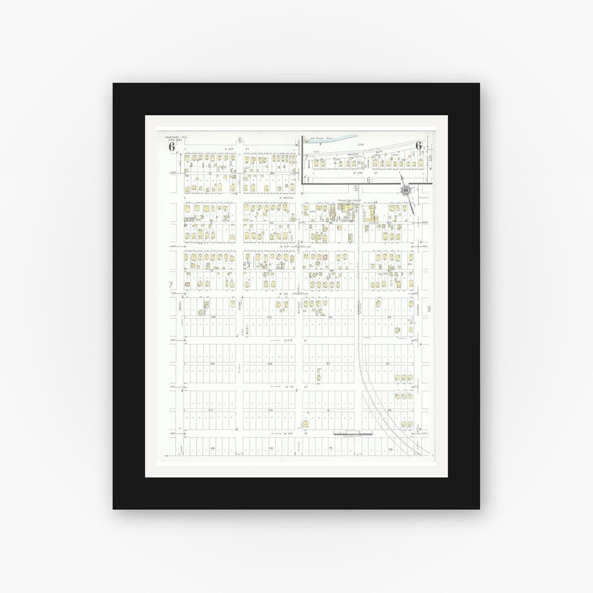 Old map wall art mockup — black gallery frame with white mat — Sanborn Fire Insurance Map from Freeport, Brazoria County, Texas (1943), Sheet #0006