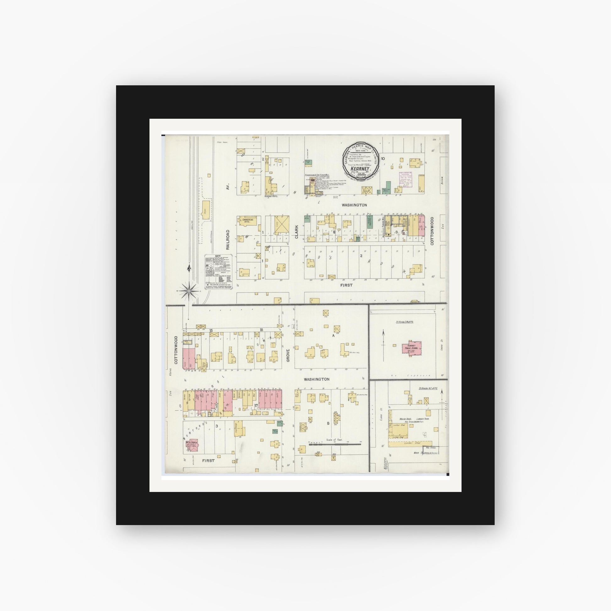 Old map wall art mockup — black gallery frame with white mat — Sanborn Fire Insurance Map from Kearney, Clay County, Missouri (1901), Sheet #0001