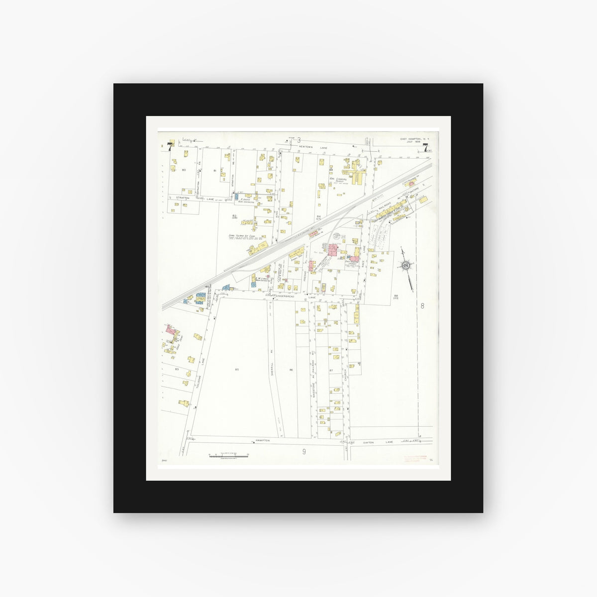 Old map wall art mockup — black gallery frame with white mat — Sanborn Fire Insurance Map from Easthampton, Suffolk County, New York (1936), Sheet #0007