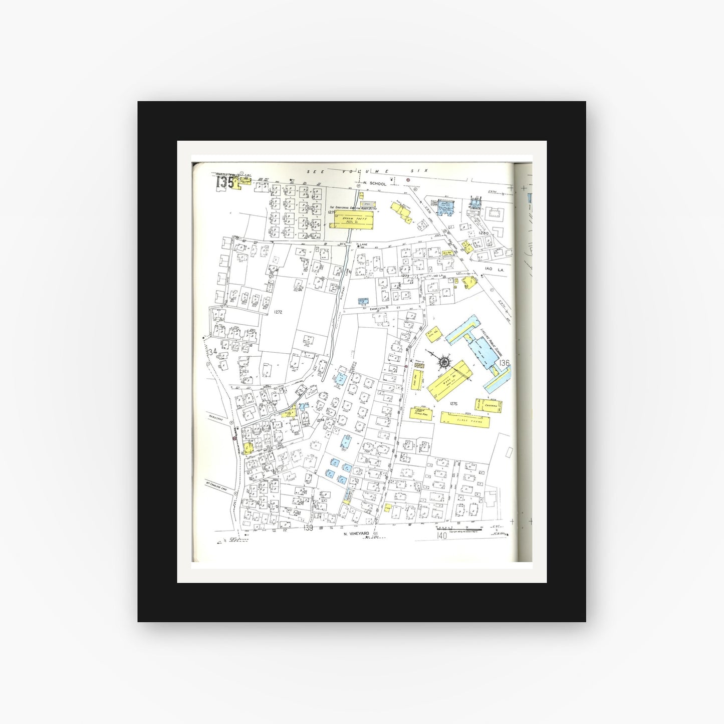 Old map wall art mockup — black gallery frame with white mat — Sanborn Fire Insurance Map from Honolulu, Oahu County, Hawaii (1955), Sheet #0135