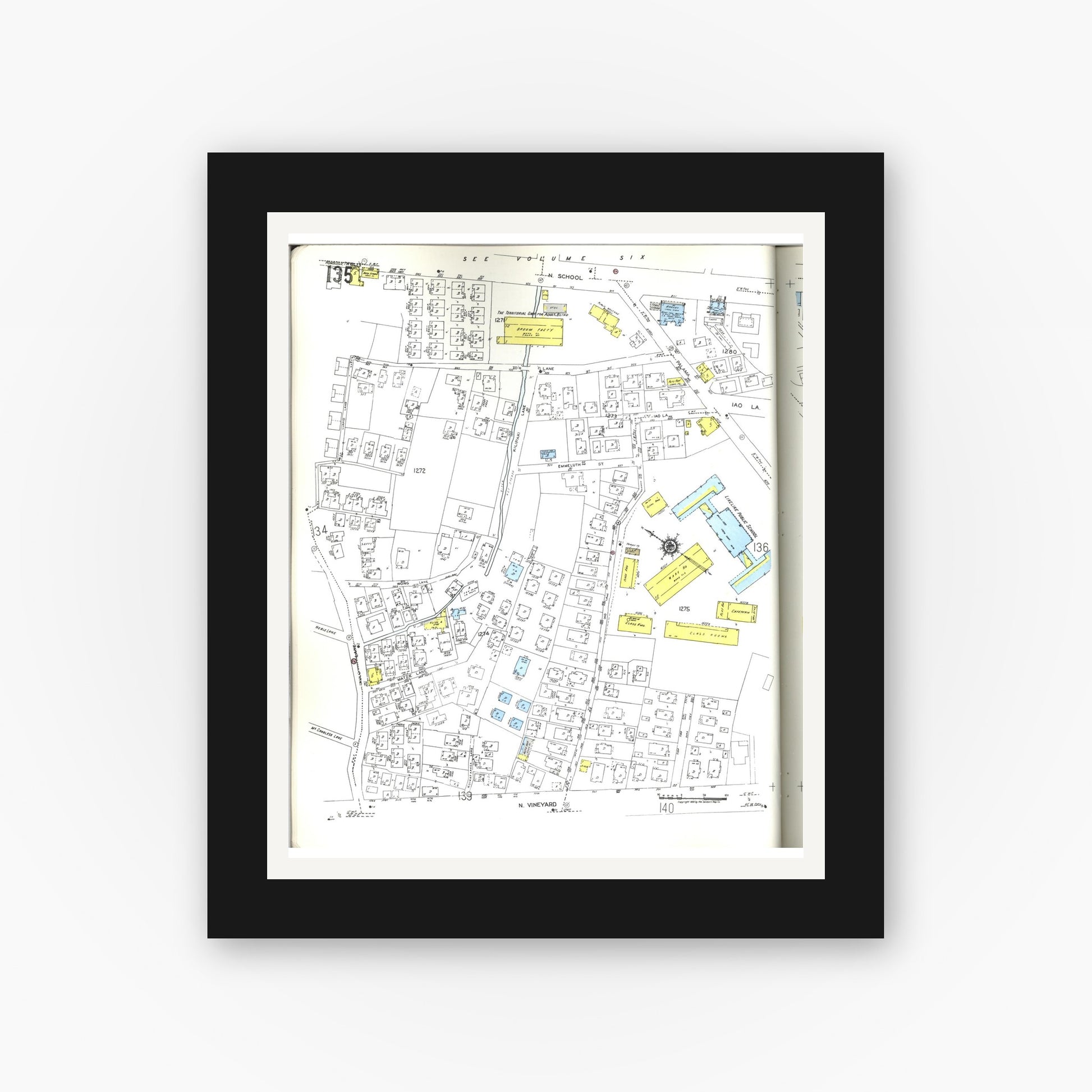 Old map wall art mockup — black gallery frame with white mat — Sanborn Fire Insurance Map from Honolulu, Oahu County, Hawaii (1955), Sheet #0135