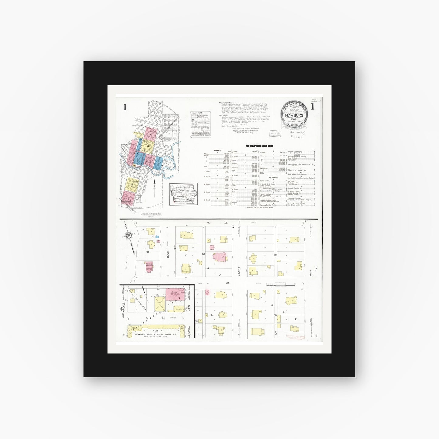 Old map wall art mockup — black gallery frame with white mat — Sanborn Fire Insurance Map from Hamburg, Fremont County, Iowa (1930) â€” Complete Set