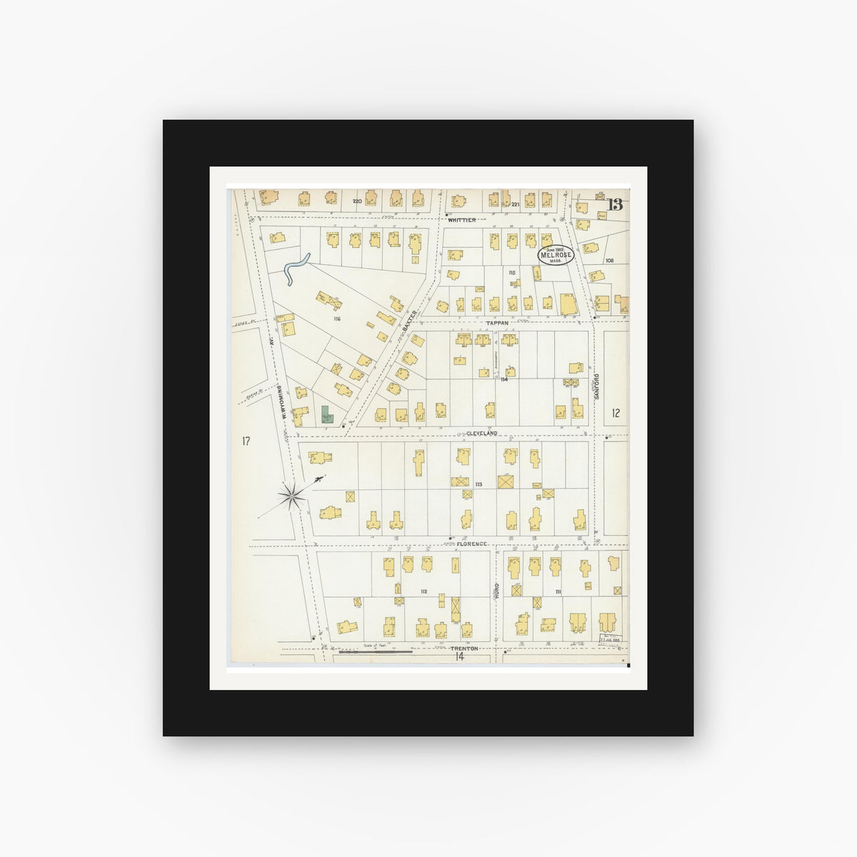 Old map wall art mockup — black gallery frame with white mat — Sanborn Fire Insurance Map from Melrose, Middlesex County, Massachusetts (1903), Sheet #0013