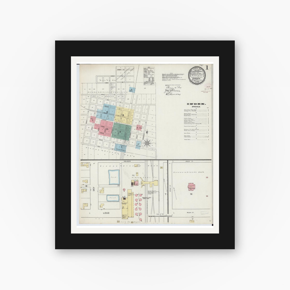 Old map wall art mockup — black gallery frame with white mat — Sanborn Fire Insurance Map from Virden, Macoupin County, Illinois (1894) - Complete Map Set