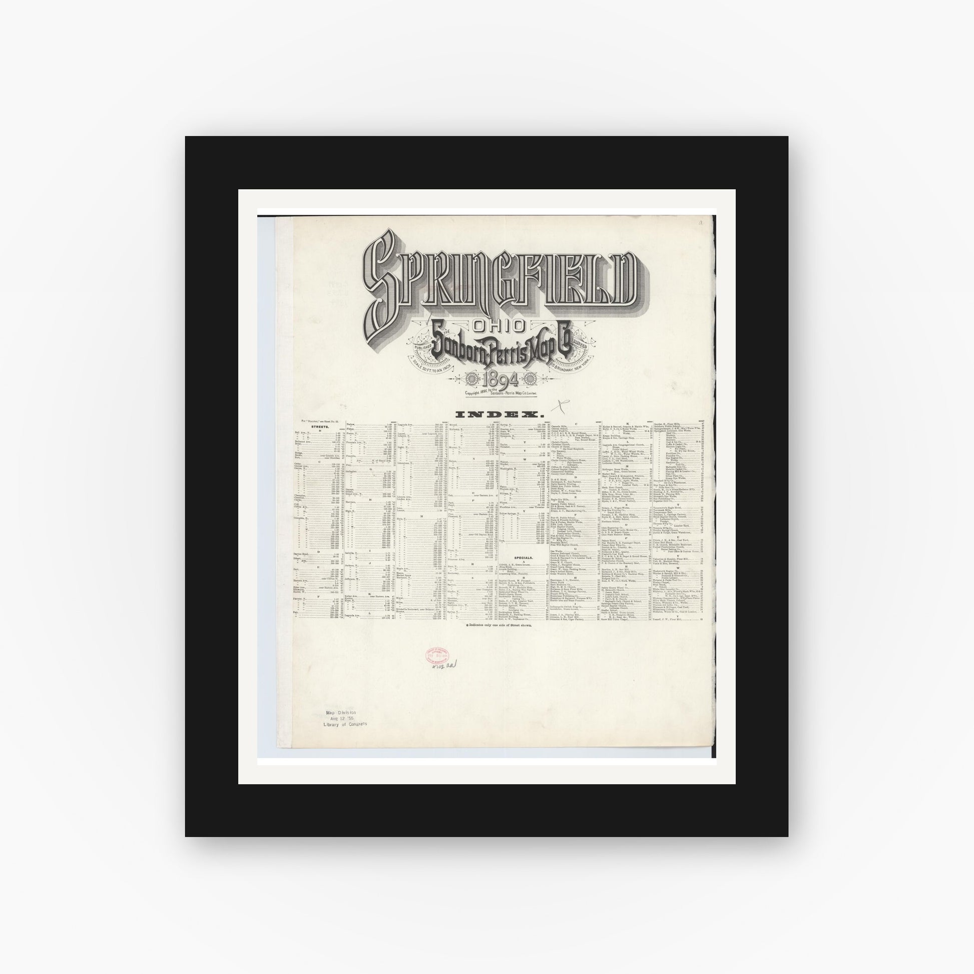 Old map wall art mockup — black gallery frame with white mat — Sanborn Fire Insurance Map from Springfield, Clark County, Ohio (1894), Sheet #0001
