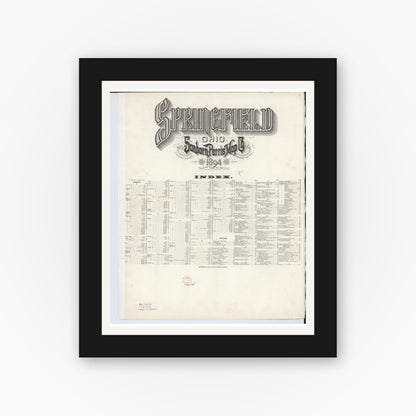 Old map wall art mockup — black gallery frame with white mat — Sanborn Fire Insurance Map from Springfield, Clark County, Ohio (1894), Sheet #0001