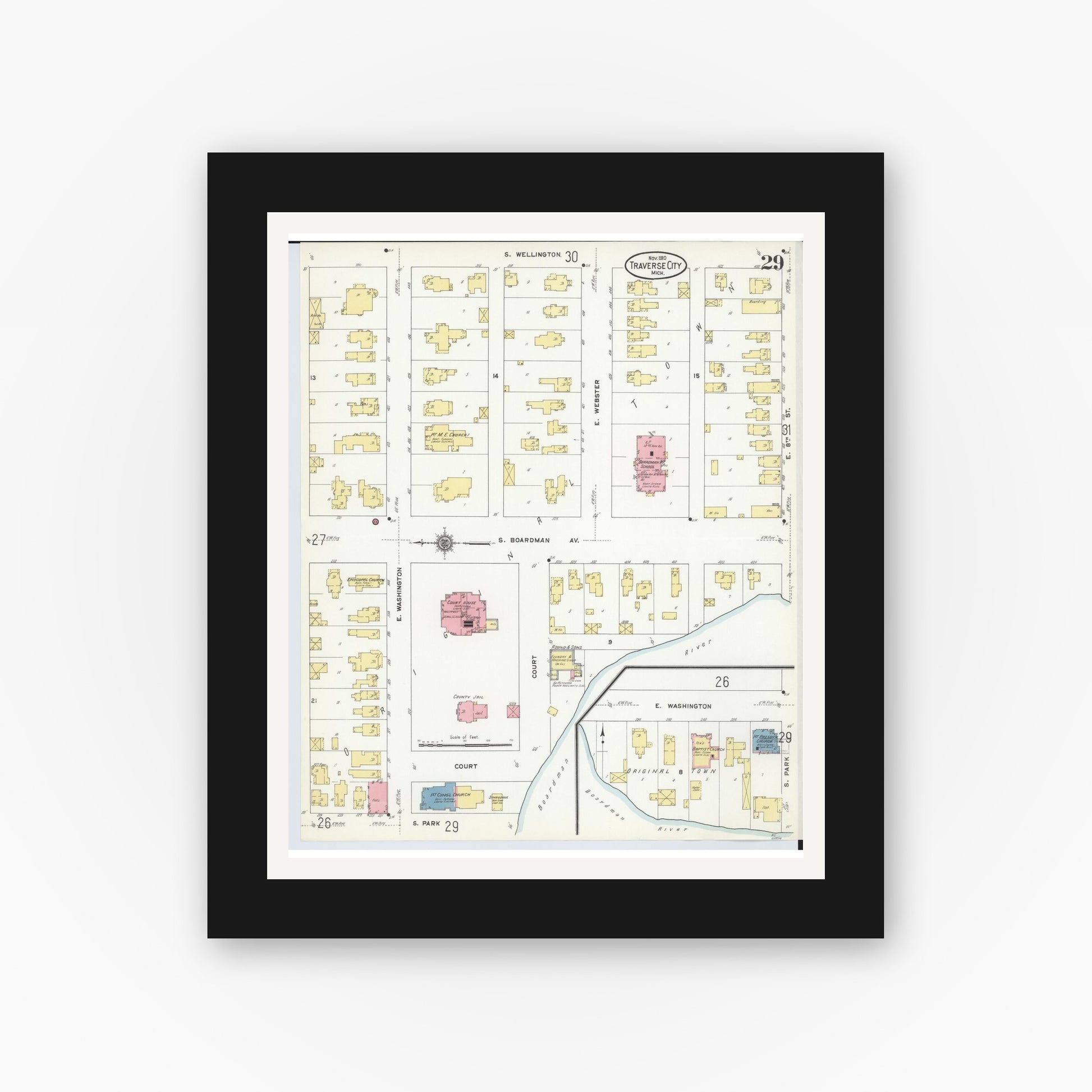 Old map wall art mockup — black gallery frame with white mat — Sanborn Fire Insurance Map from Traverse City, Grand Traverse County, Michigan (1910), Sheet #0029