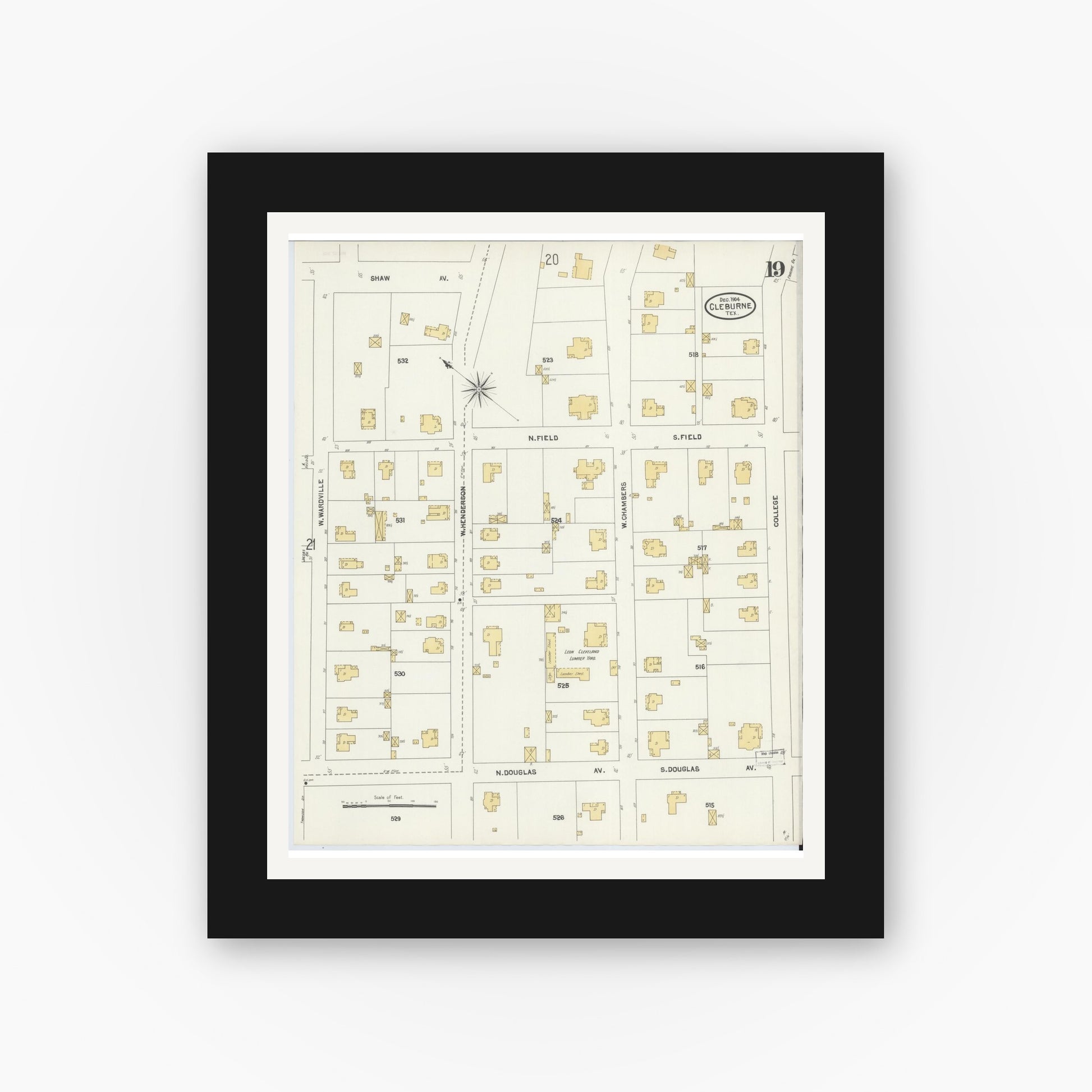 Old map wall art mockup — black gallery frame with white mat — Sanborn Fire Insurance Map from Cleburne, Johnson County, Texas (1904), Sheet #0019